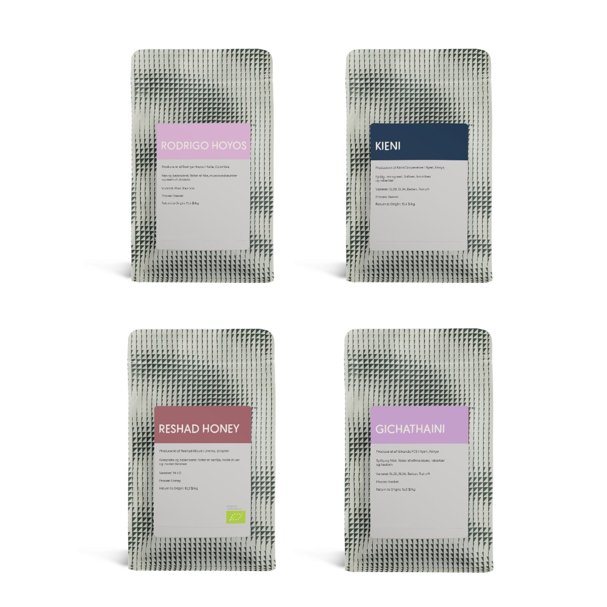 Four bags of coffee from the Taster Pack laid out in a grid